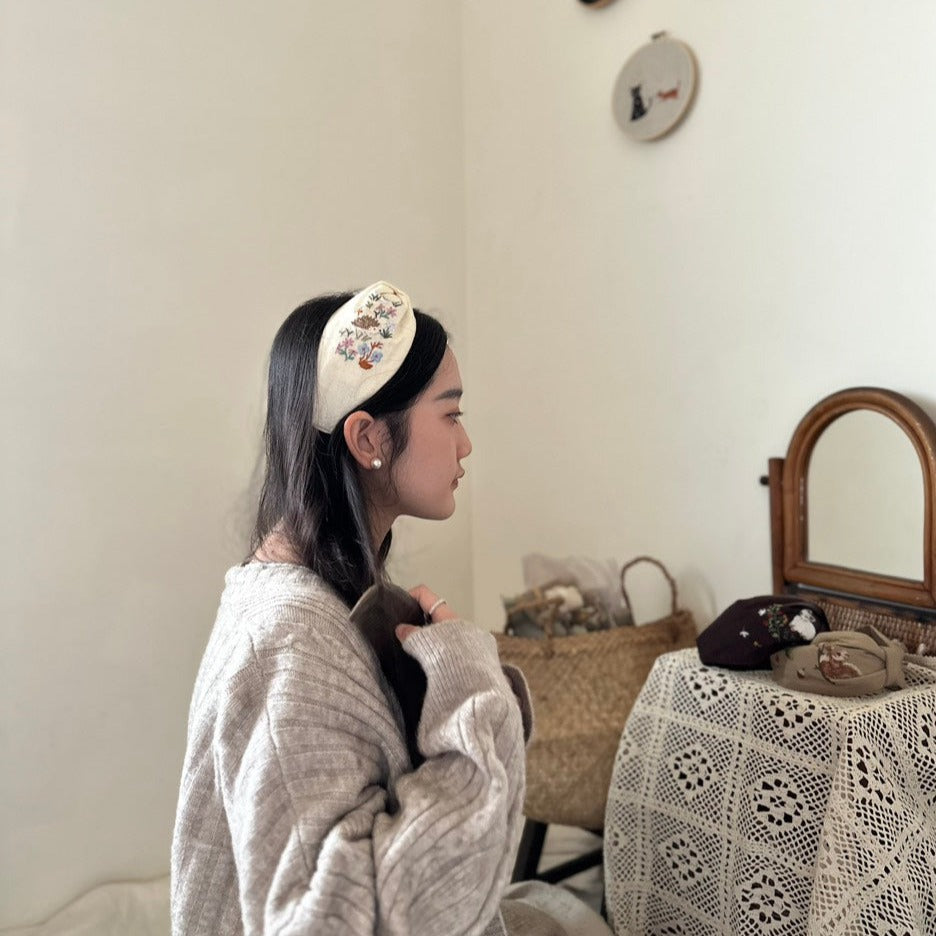 小刺蝟手刺繡髮箍/兩邊刺繡一樣