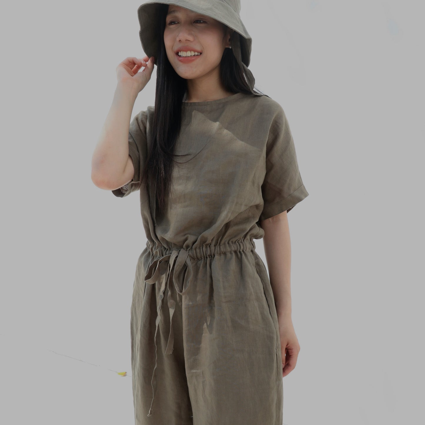 亞麻連衣褲|苔綠色