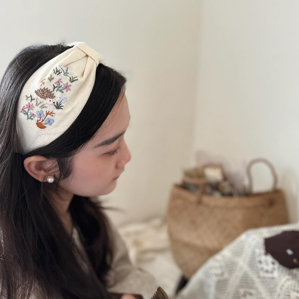 小刺蝟手刺繡髮箍/兩邊刺繡一樣