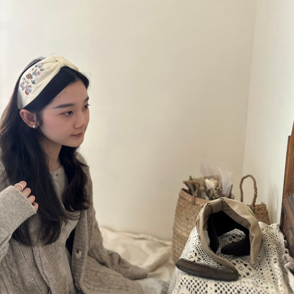 小刺蝟手刺繡髮箍/兩邊刺繡一樣