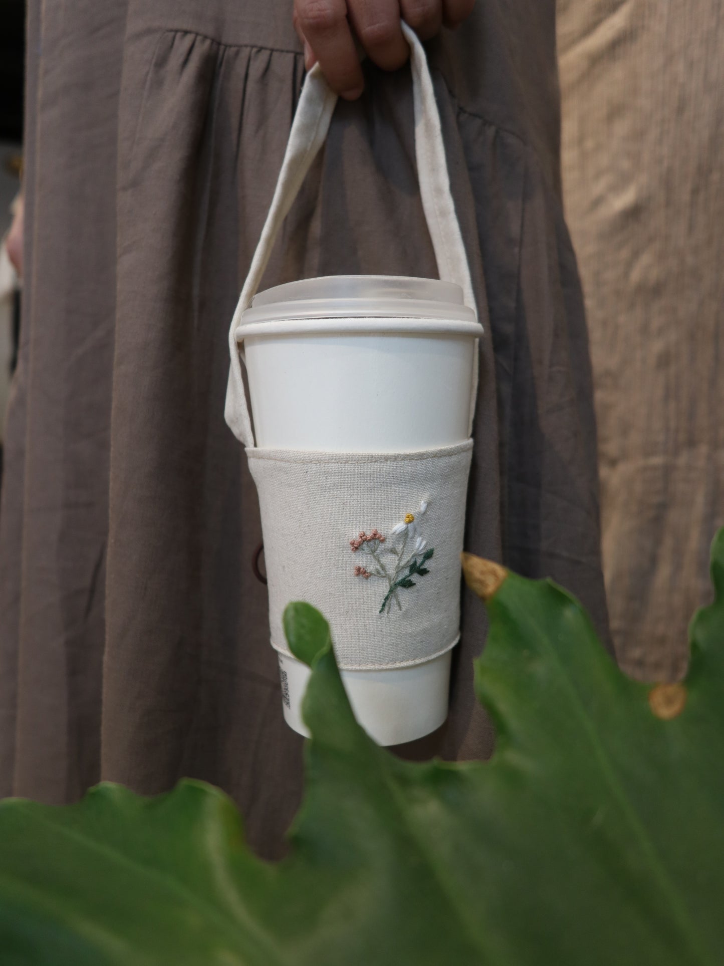 一束花手刺繡飲料袋/杯袋/可收納