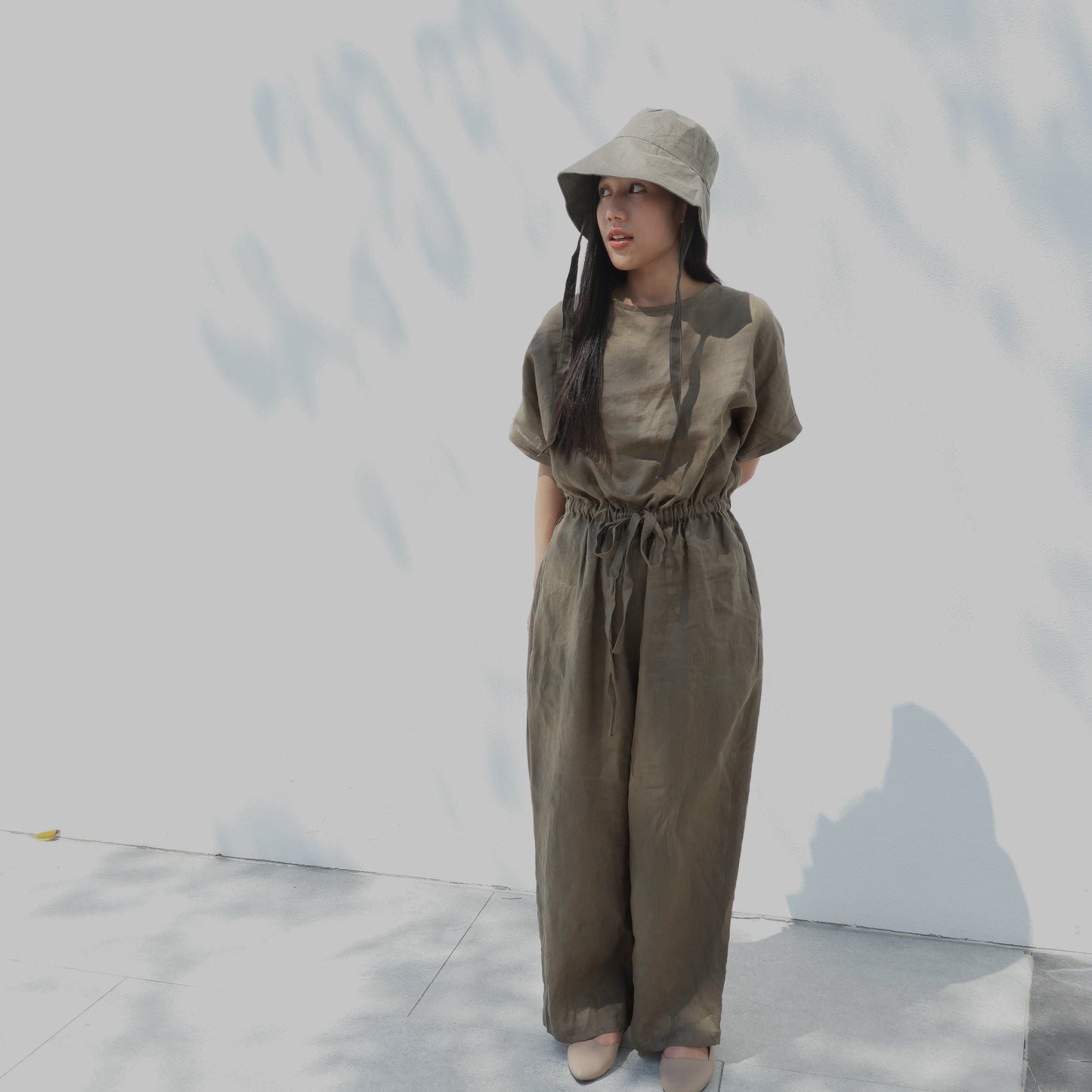 亞麻連衣褲|苔綠色