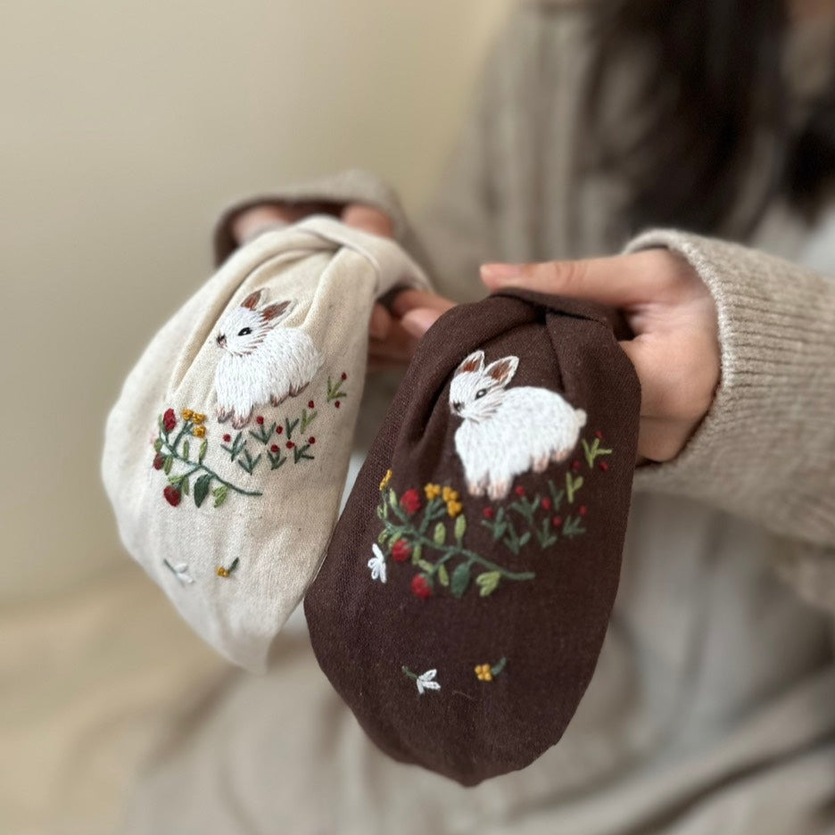 小兔子手刺繡髮箍/兩邊刺繡不同