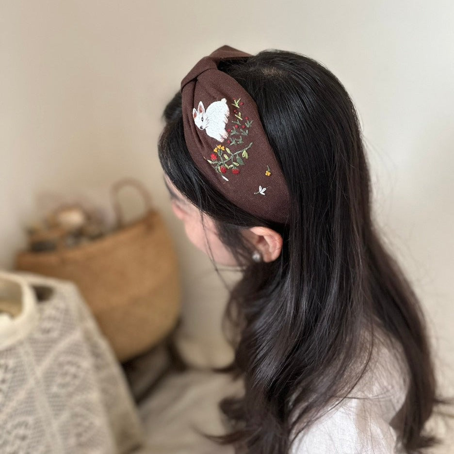 小兔子手刺繡髮箍/兩邊刺繡不同