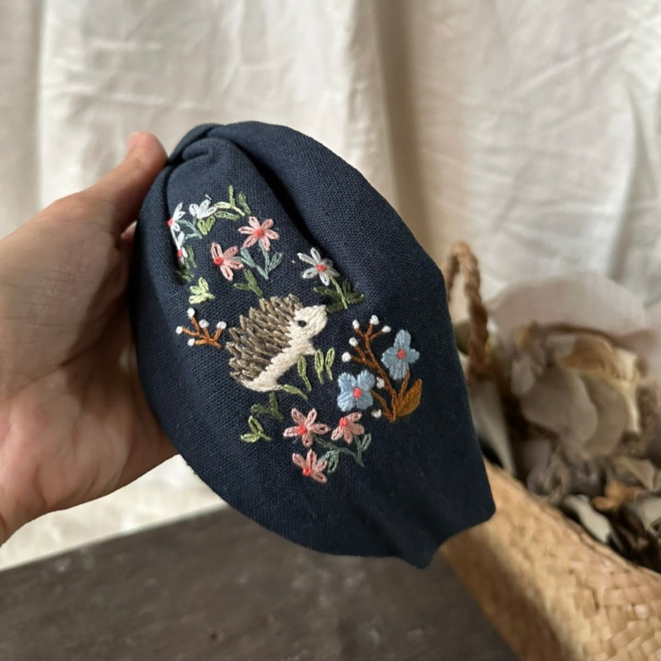 小刺蝟手刺繡髮箍/兩邊刺繡一樣