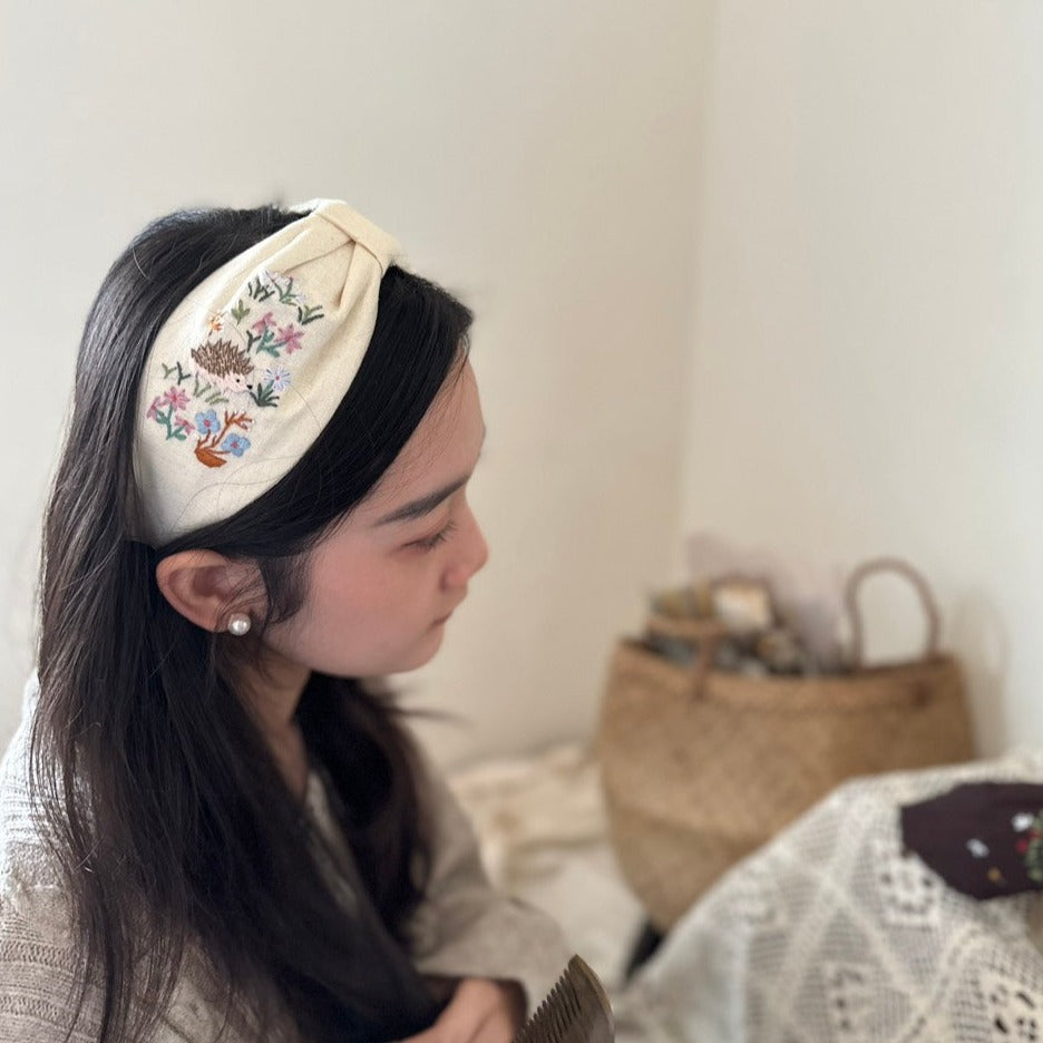 小刺蝟手刺繡髮箍/兩邊刺繡一樣