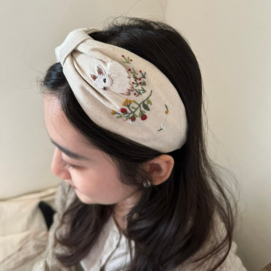 小兔子手刺繡髮箍/兩邊刺繡不同