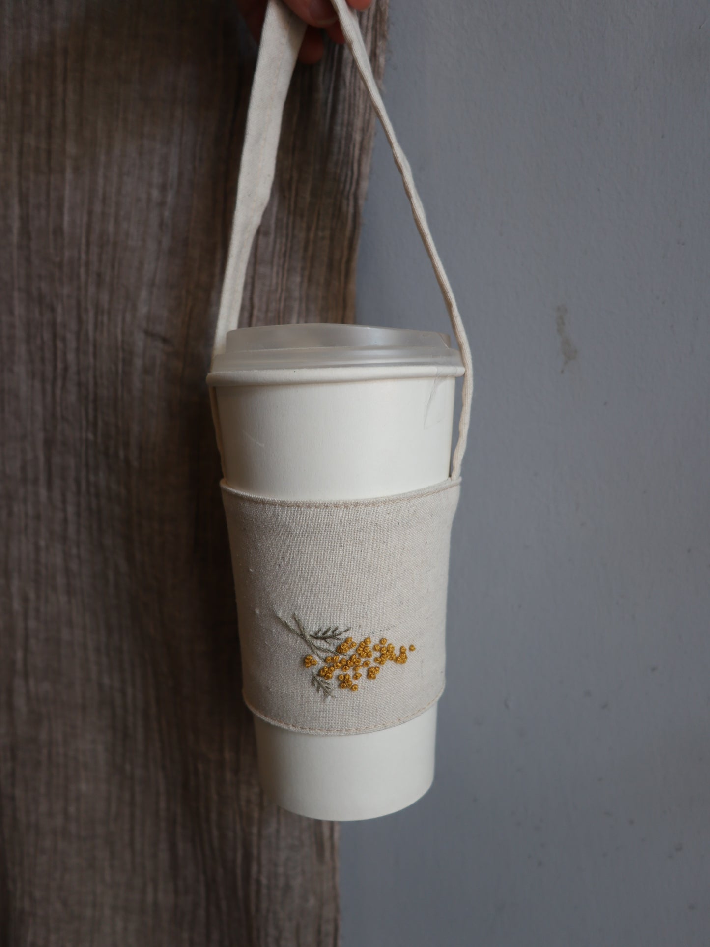 Mimosa金合歡手刺繡飲料袋/杯袋/可收納
