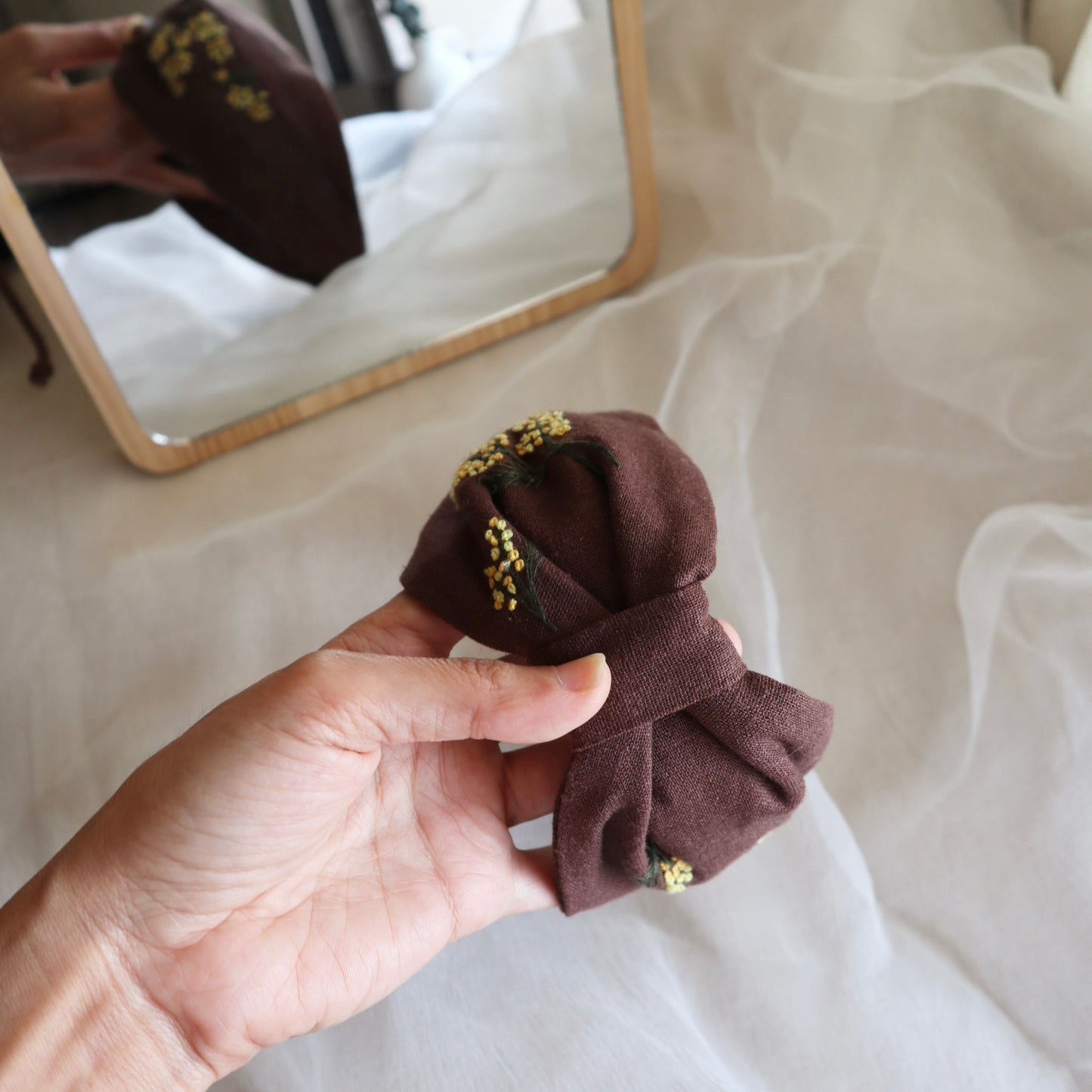 Mimosa金合歡手刺繡髮箍|兩邊刺繡不同