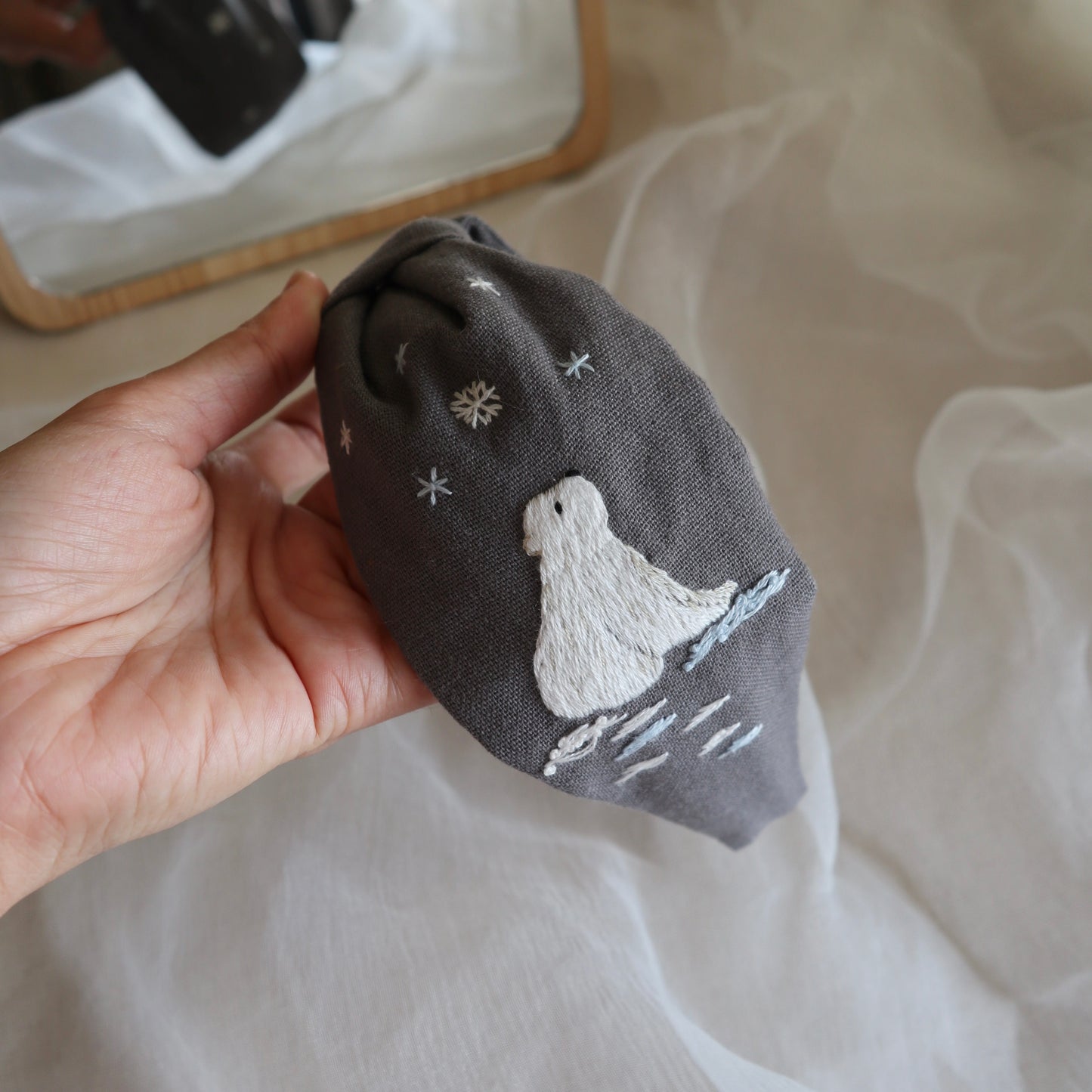 小熊手刺繡髮箍/兩邊刺繡不同