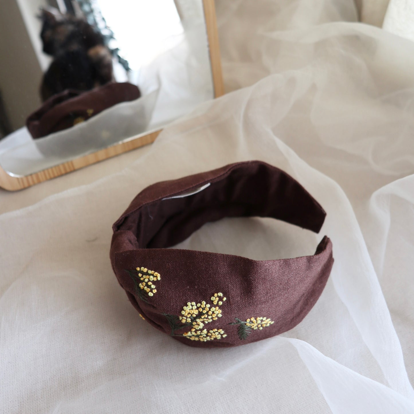 Mimosa金合歡手刺繡髮箍|兩邊刺繡不同