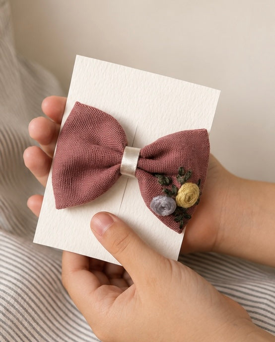 玫瑰花刺繡蝴蝶結髮夾 Little Rose Embroidered Bow Clip