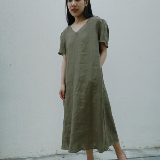 V領綁帶短袖亞麻洋裝| 苔綠色