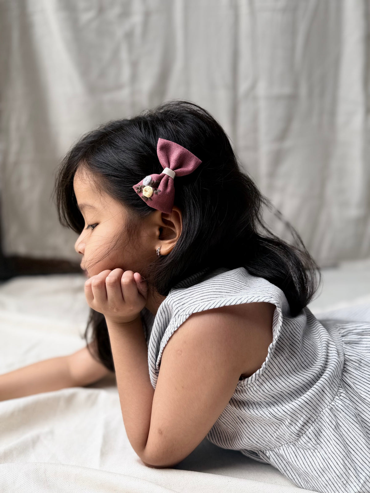玫瑰花刺繡蝴蝶結髮夾 Little Rose Embroidered Bow Clip
