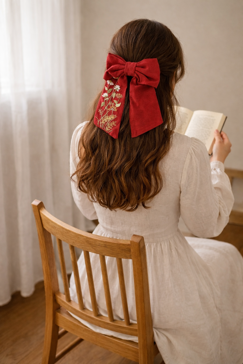 花卉手刺繡蝴蝶結髮飾