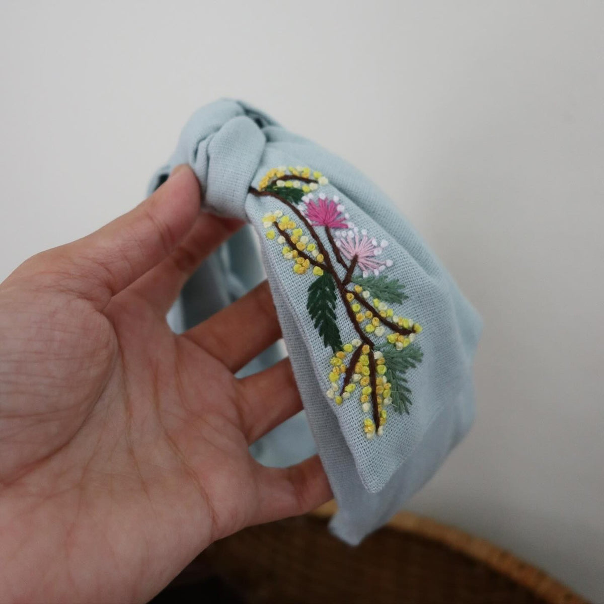 Mimosa黃色含羞草蝴蝶結髮箍/單邊刺繡