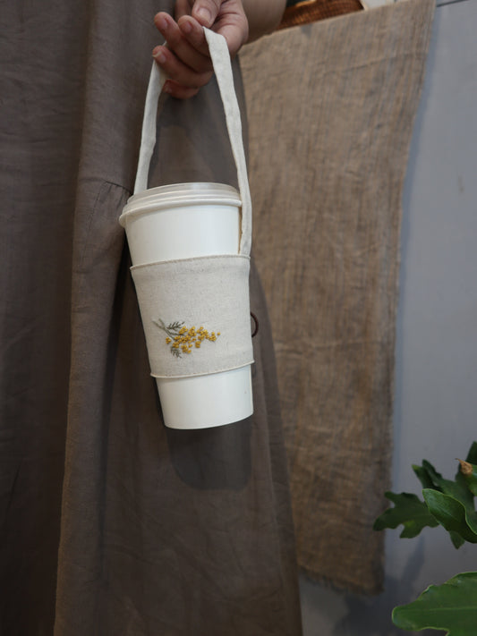 Mimosa金合歡手刺繡飲料袋/杯袋/可收納