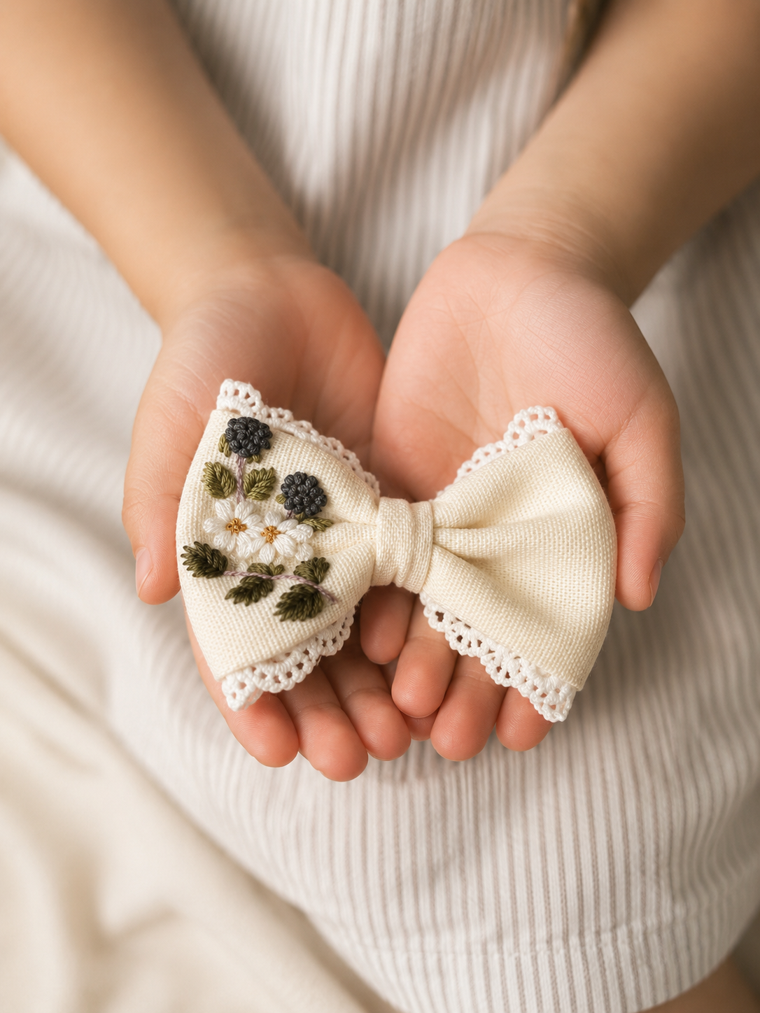 青花刺繡蝴蝶結髮夾 Little Blue Flower Embroidered Bow Clip