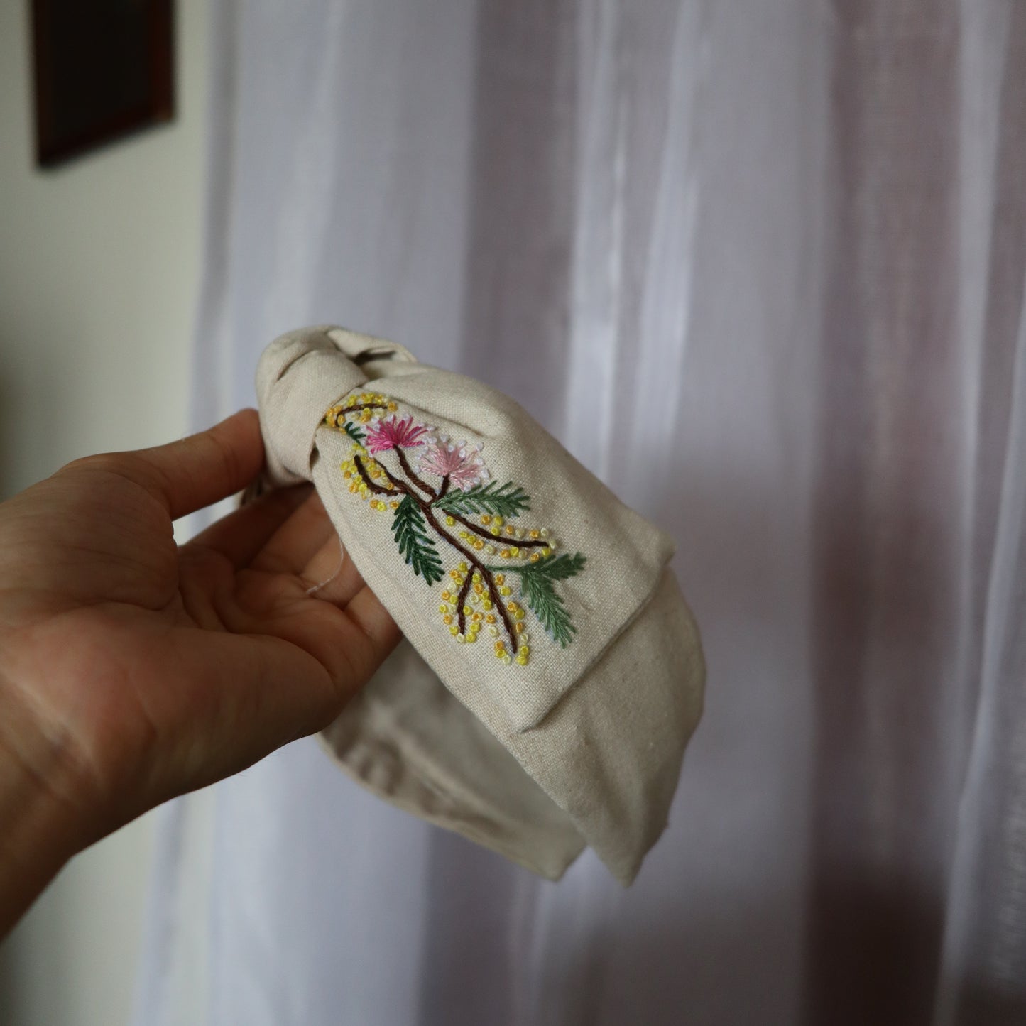 Mimosa黃色含羞草蝴蝶結髮箍/單邊刺繡