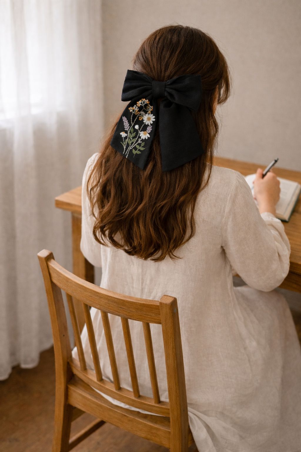 花卉手刺繡蝴蝶結髮飾